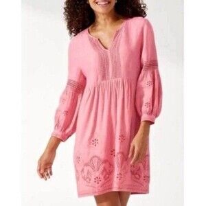 Tommy Bahama St. Lucia Dress Small Pink Linen Blend Babydoll Coverup Eyelet Boho